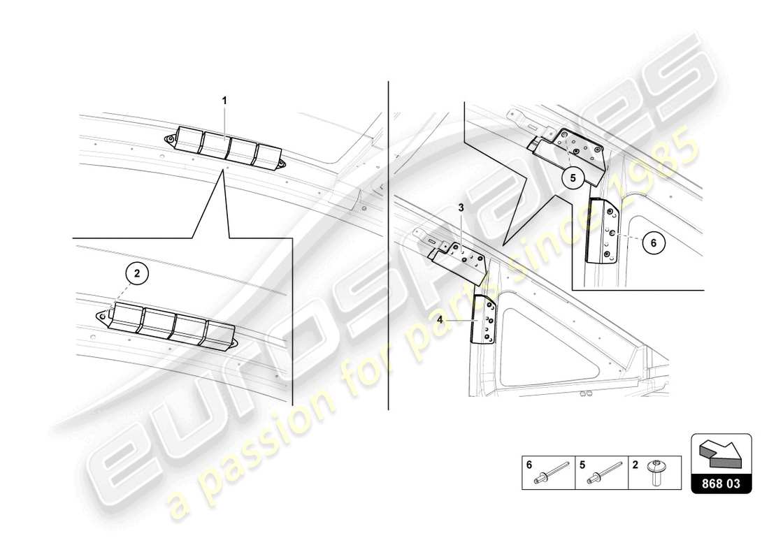lamborghini 2017 (lp750-4 sv roadster) diagrama de piezas del guarnecido del marco del techo