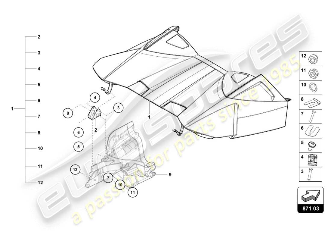 lamborghini evo spyder 2wd (2020) diagrama de piezas de la tapa de la caja de almacenaje superior cabrio