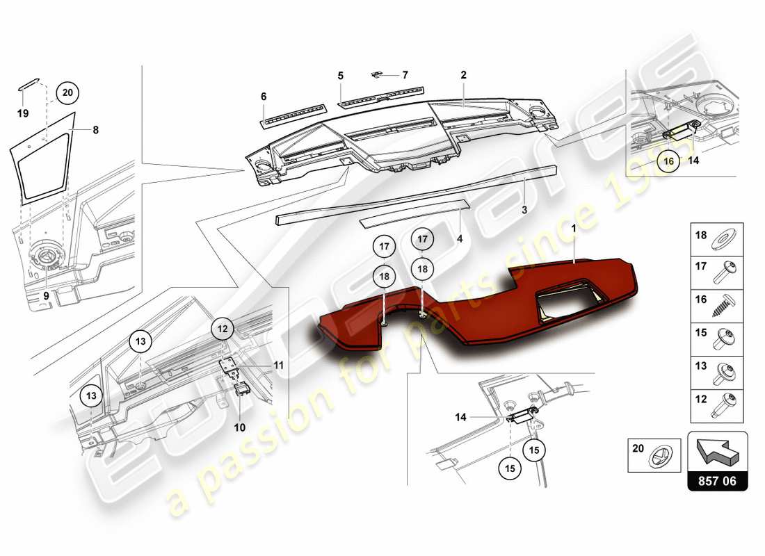 lamborghini centenario roadster (2017) tablero de instrumentos diagrama de piezas