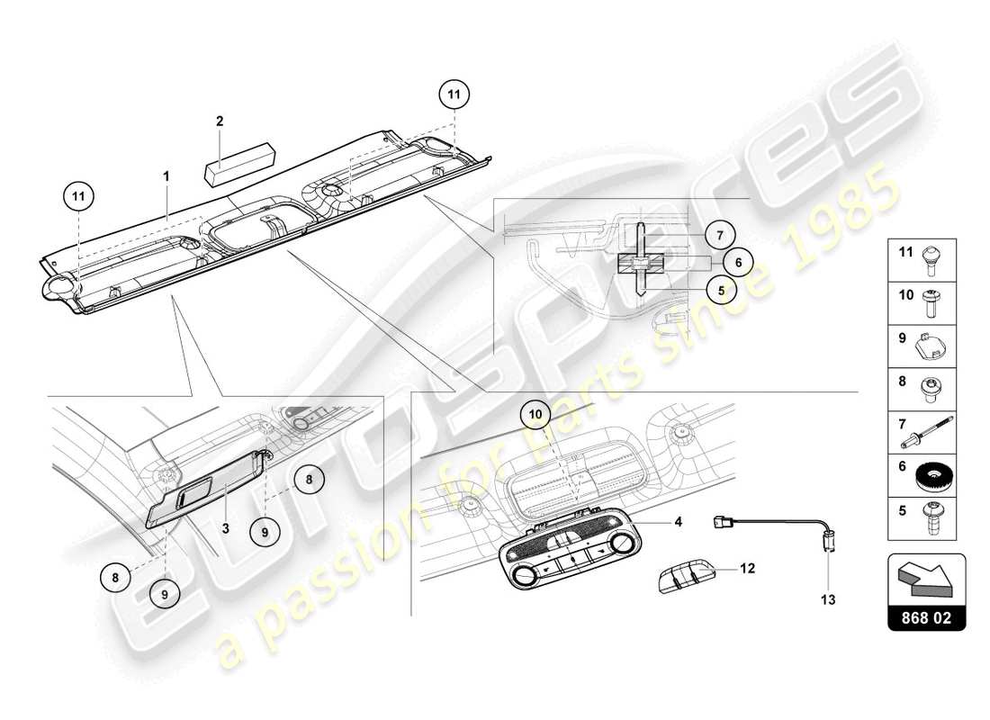 lamborghini 2018 (lp740-4 s coupe) diagrama de piezas del guarnecido del marco del techo