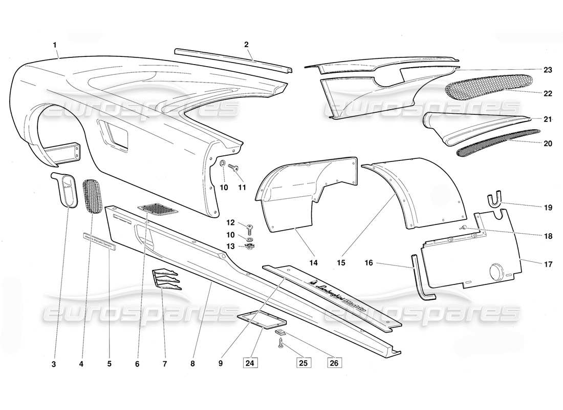 lamborghini diablo (1991) diagrama de piezas de elementos del cuerpo: flanco derecho (válido para la versión 1992 de junio)