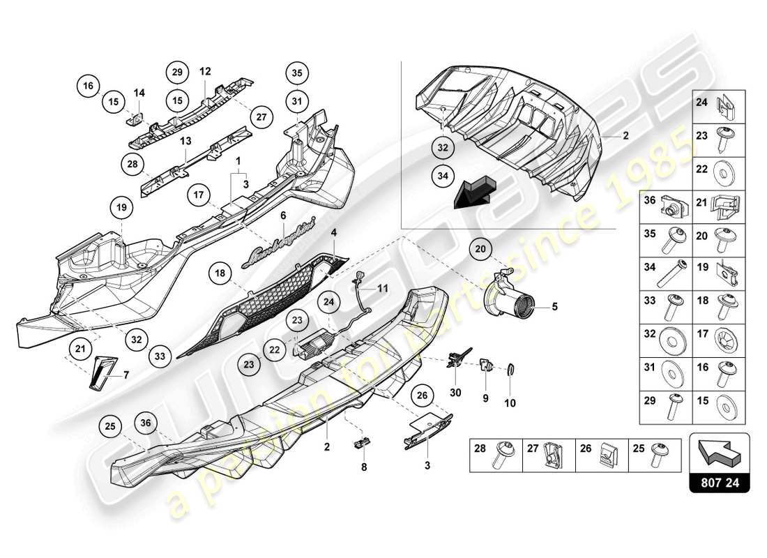 lamborghini 2019 (lp770-4 svj roadster) parachoques trasero completo diagrama de pieza