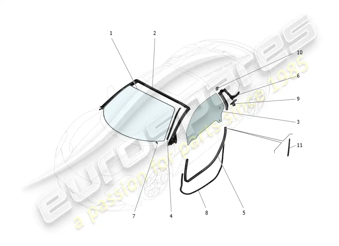 maserati mc20 cielo (2023) ventanas y bandas de ventanas diagrama de piezas