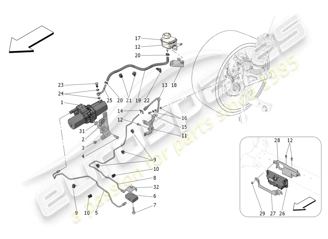 maserati mc20 (2023) sistema hidráulico elevador del eje delantero diagrama de piezas