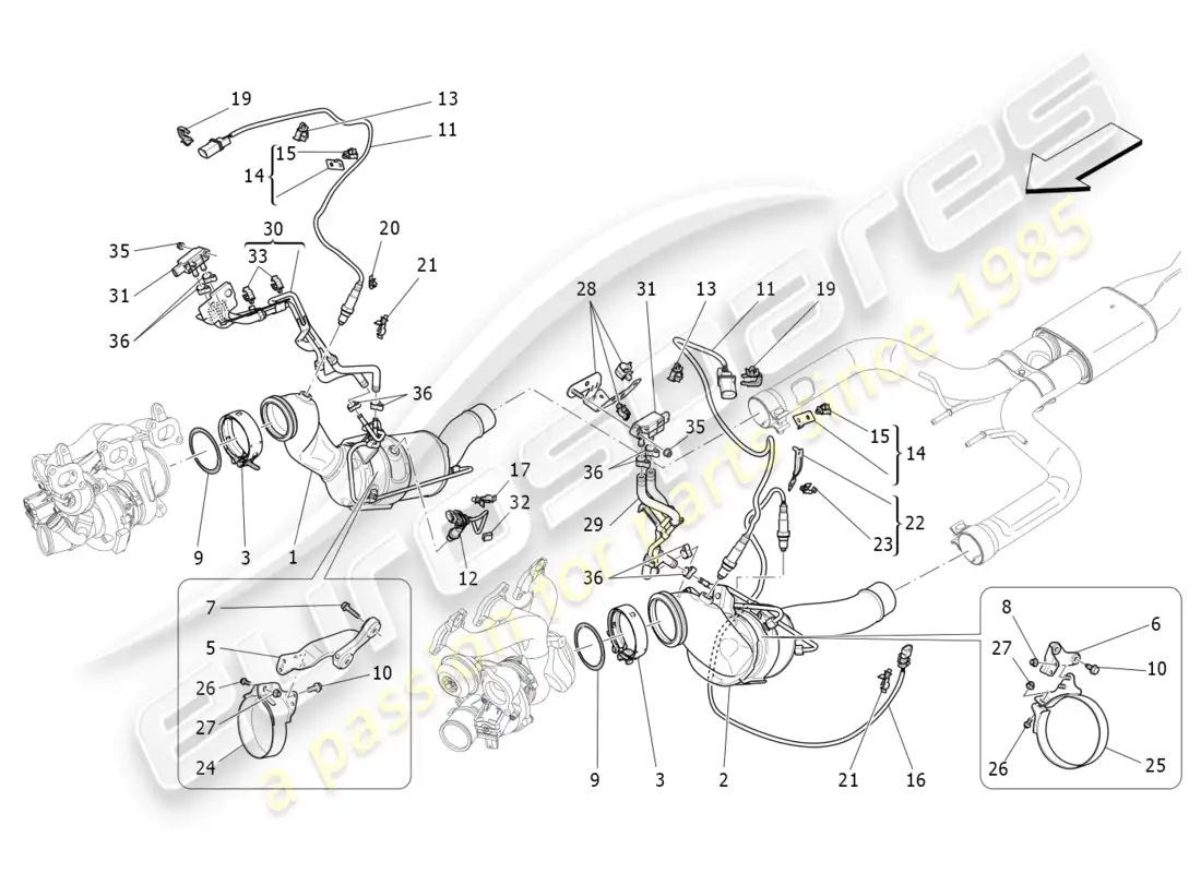 maserati levante tributo (2021) convertidores precatalíticos y convertidores catalíticos. diagrama de piezas