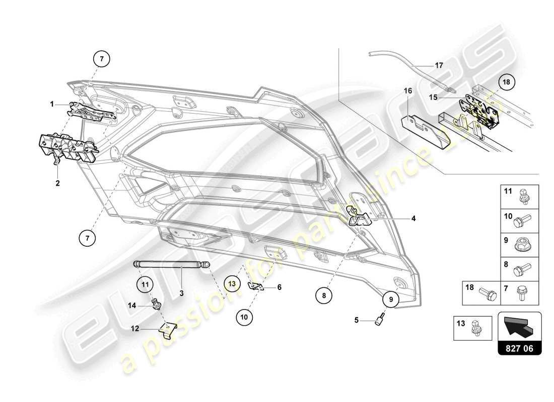 lamborghini 2015 (lp720-4 roadster 50) cubierta del motor con insp. diagrama de piezas de la cubierta
