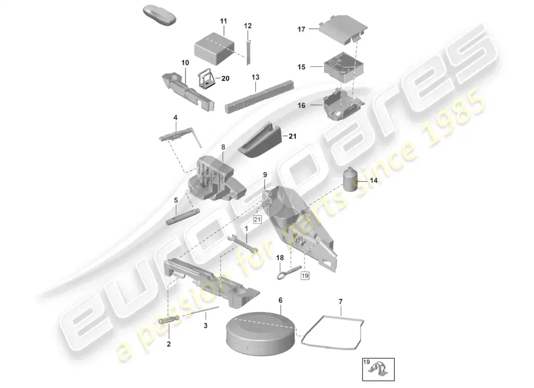 porsche 2023 (992-1 gt3/rs/st) kit de reparación de primeros auxilios con triángulo de advertencia y gato hidráulico con compresor diagrama de piezas