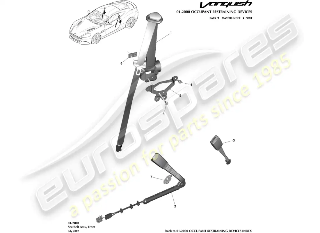 aston martin vanquish (2018) cinturones de seguridad delanteros diagrama de piezas