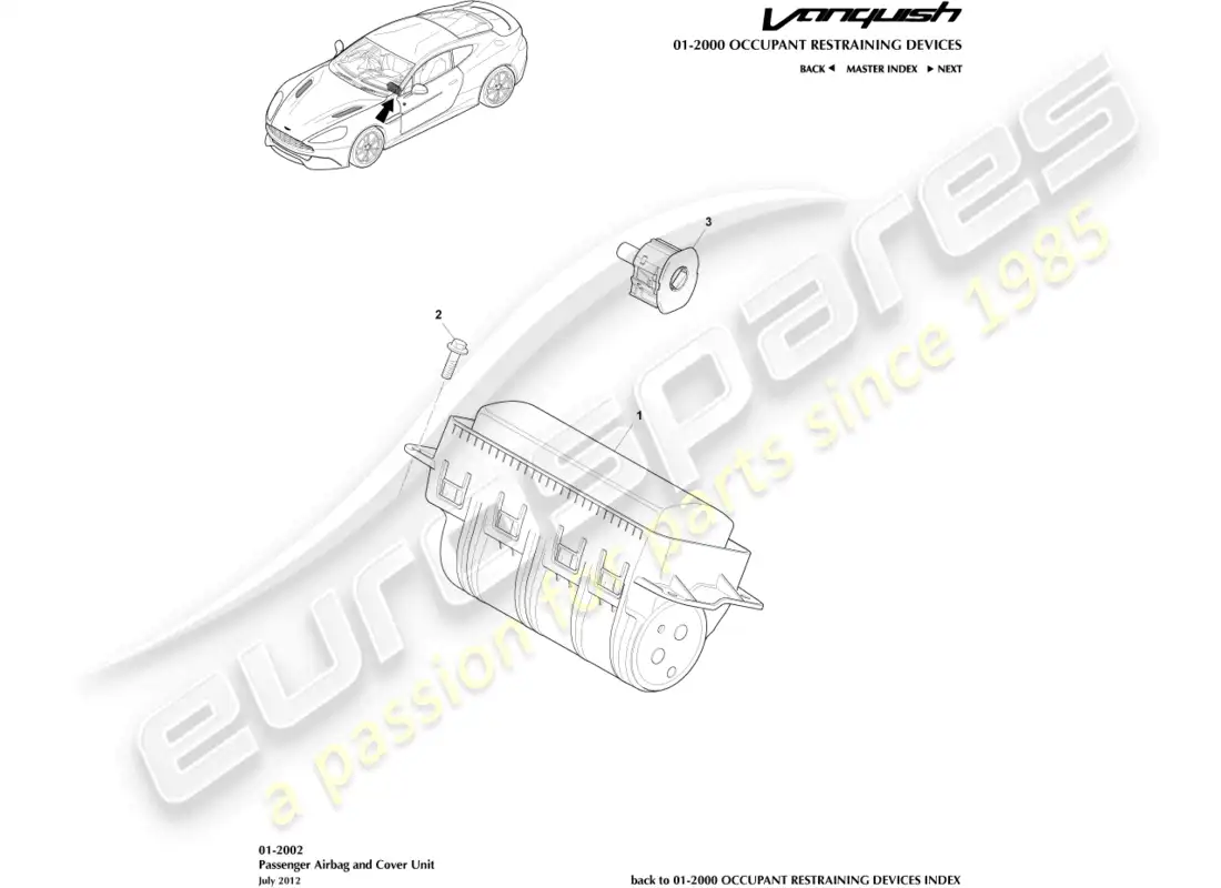 aston martin vanquish (2018) airbag, pasajero diagrama de piezas