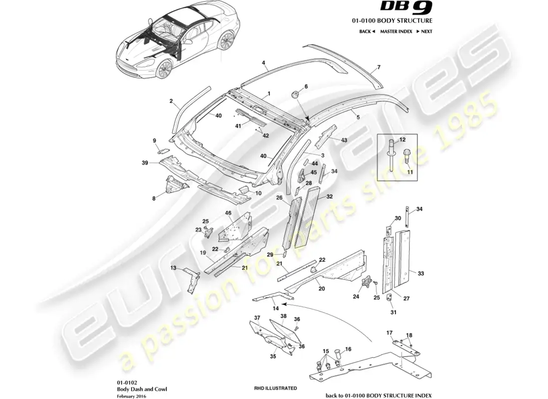 aston martin db9 (2016) carrocería, tablero y capó, cupé diagrama de piezas