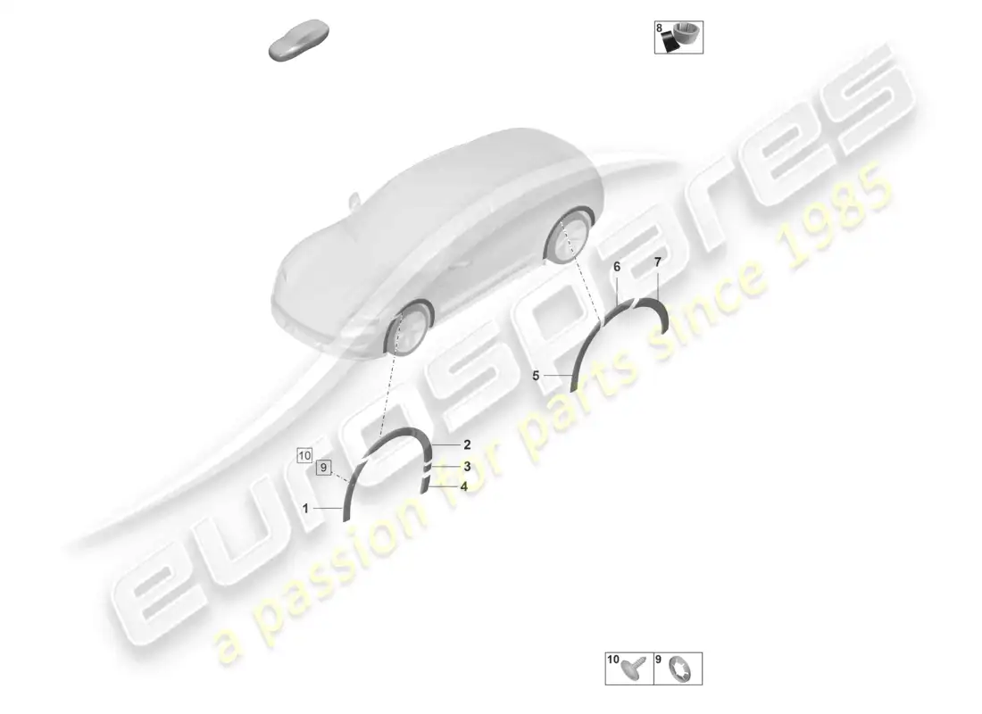 porsche 2022 (taycan 9j1-1) embellecedor de la cubierta del paso de rueda diagrama de piezas