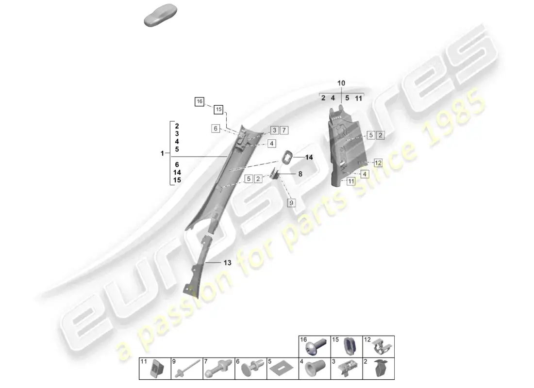 porsche 2022 (992-1 gt3/rs/st) diagrama de piezas del revestimiento del pilar a y del revestimiento del pilar b