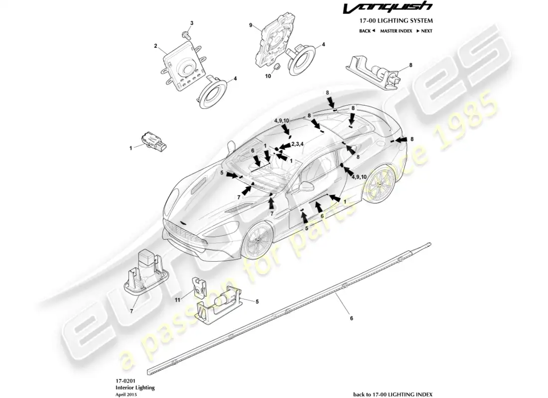 aston martin vanquish (2017) diagrama de piezas de iluminación de cortesía
