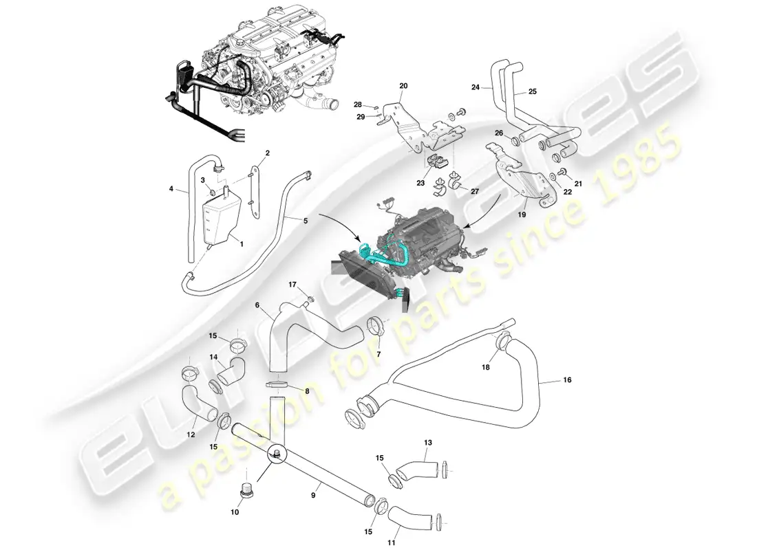 aston martin one-77 (2011) depósito de refrigerante y mangueras diagrama de piezas