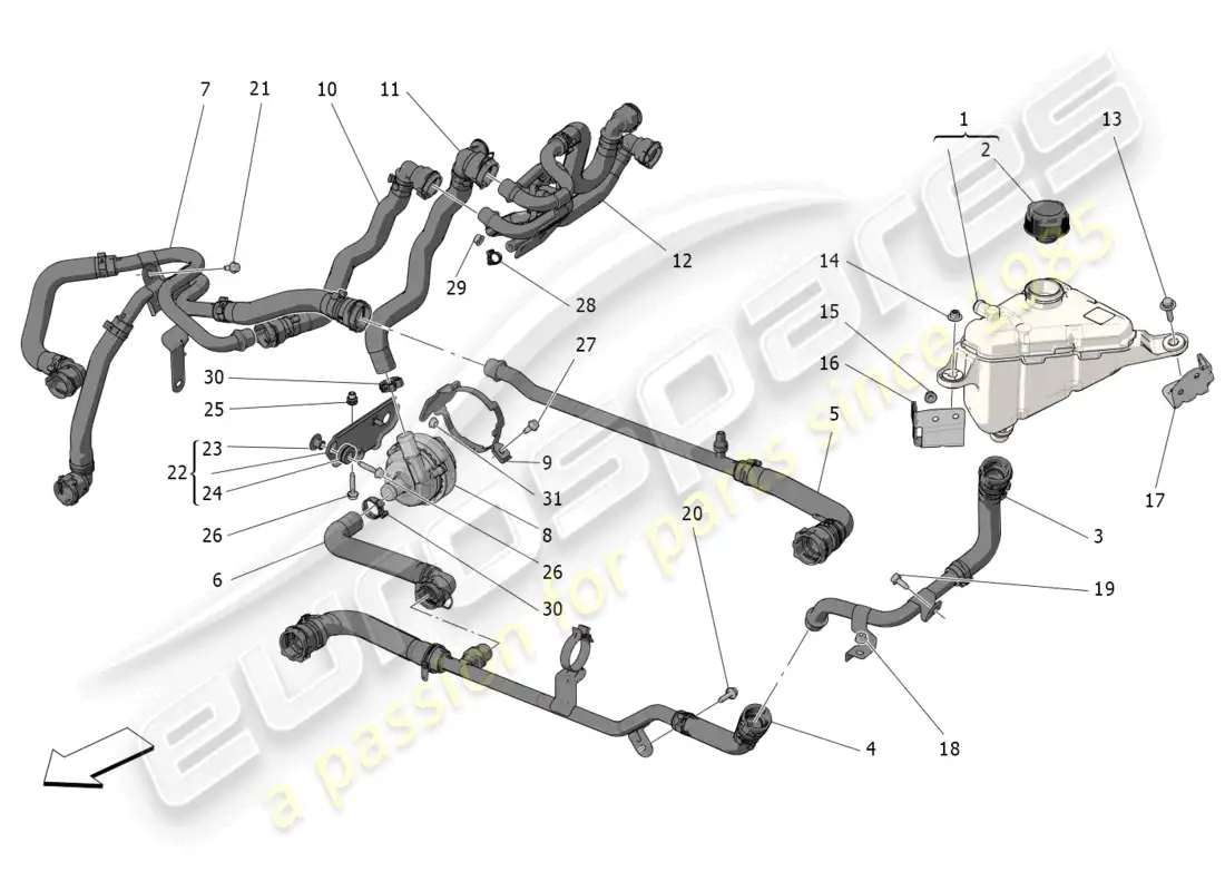 maserati grecale gt (2023) sistema de enfriamiento: nourice y líneas diagrama de piezas