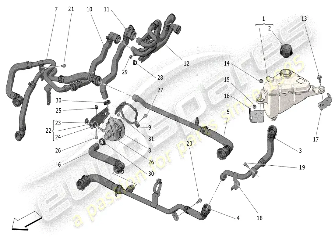 maserati grecale modena (2023) sistema de enfriamiento: nourice y líneas diagrama de piezas