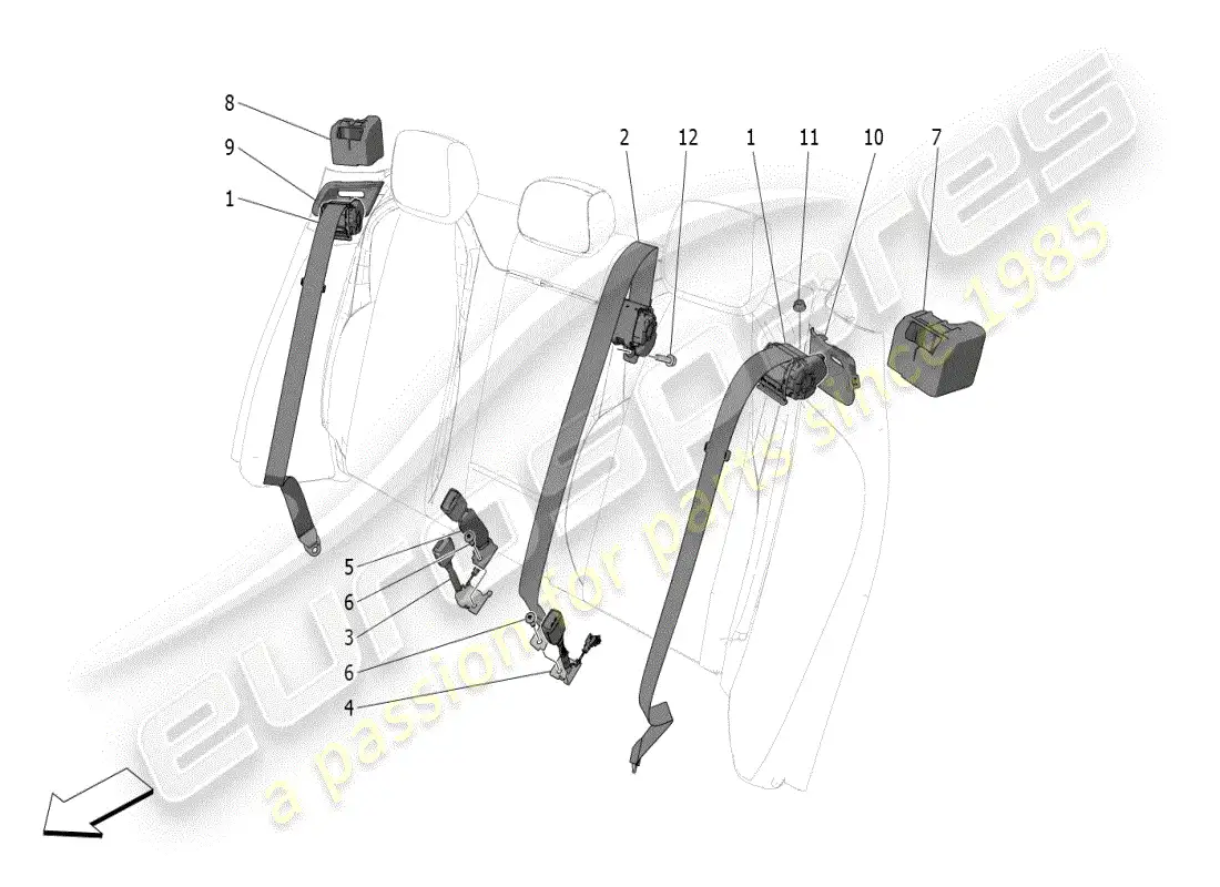 maserati grecale modena (2023) cinturones de seguridad traseros diagrama de piezas