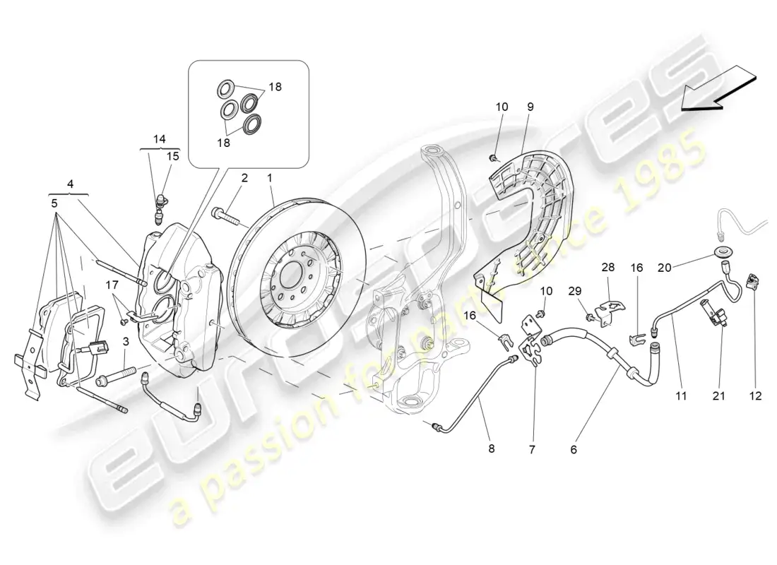 maserati ghibli (2016) dispositivos de frenado en las ruedas delanteras diagrama de piezas
