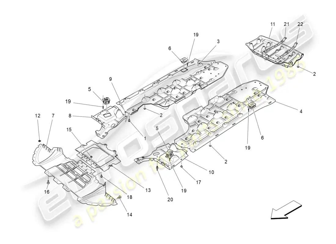 maserati levante (2020) protección de bajos y bajos del suelo diagrama de piezas