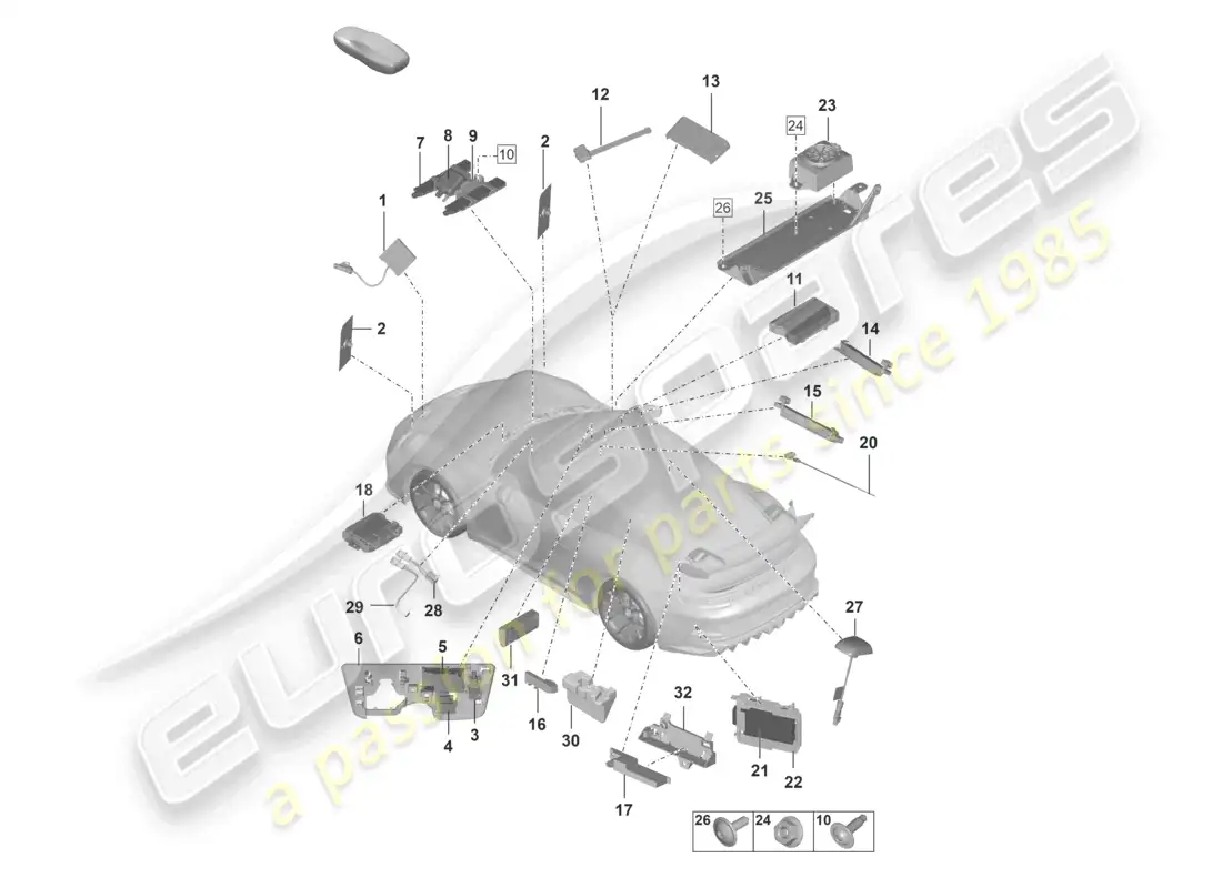 porsche 2022 (992-1 gt3/rs/st) antena amplificador de antena altavoz de llamada de emergencia lector de tarjetas con chip para sistema de peaje de carreteras conexión para usb y aux-in diagrama de piezas