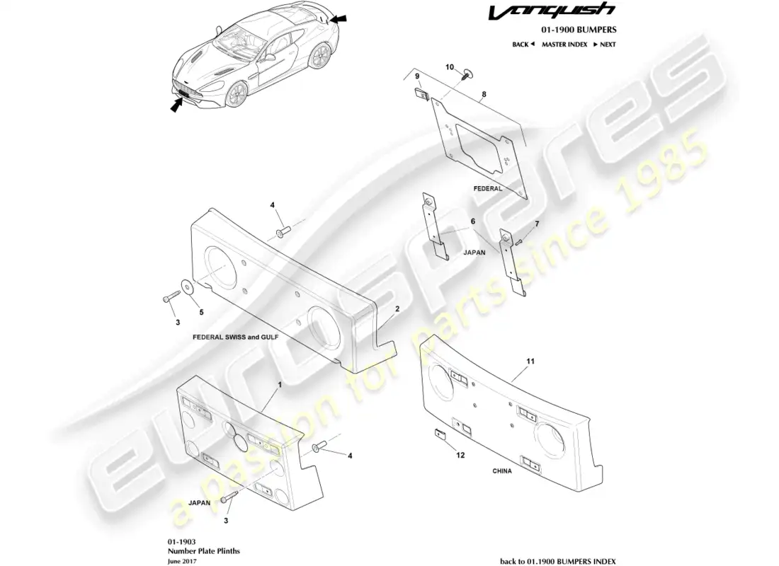 aston martin vanquish (2018) zócalos de matrícula diagrama de piezas