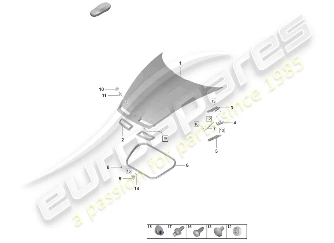 porsche 2023 (992-1 gt3/rs/st) capó diagrama de piezas