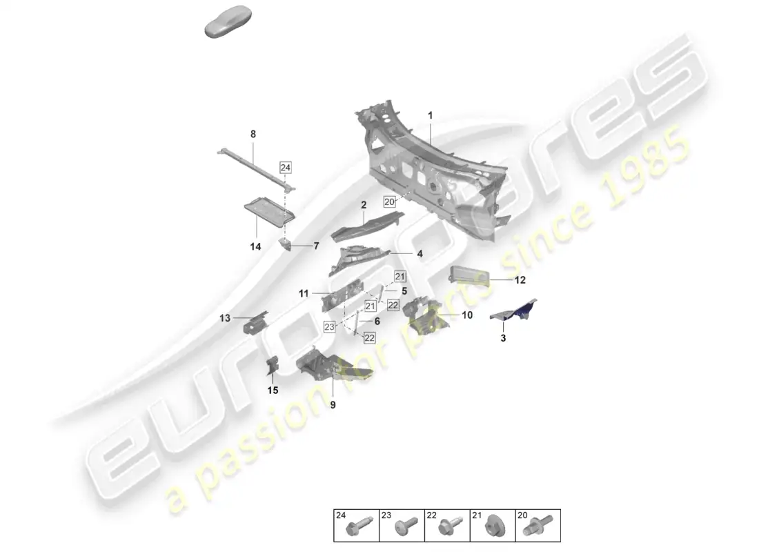 porsche 2022 (992-1 gt3/rs/st) partes individuales del firewall de front-end diagrama de partes