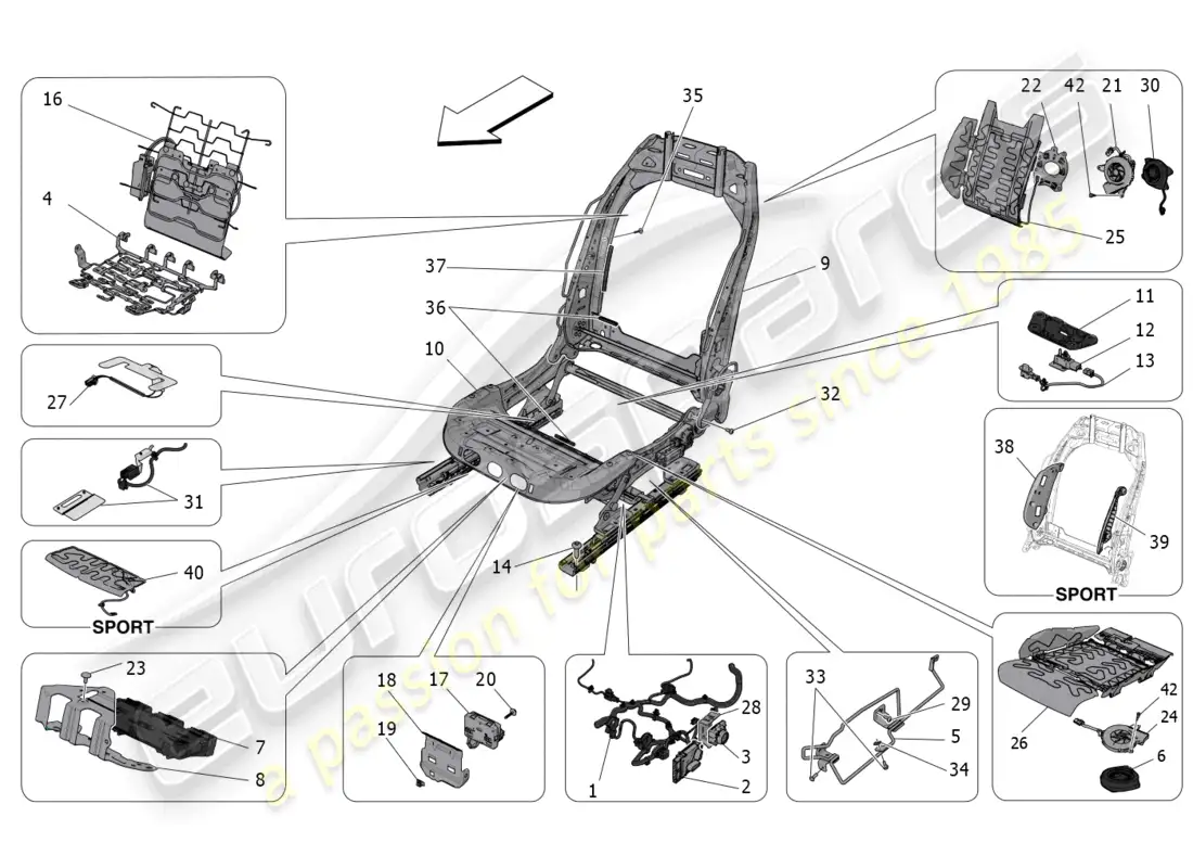 maserati grecale gt (2023) asientos delanteros: mecánica y electrónica diagrama de piezas