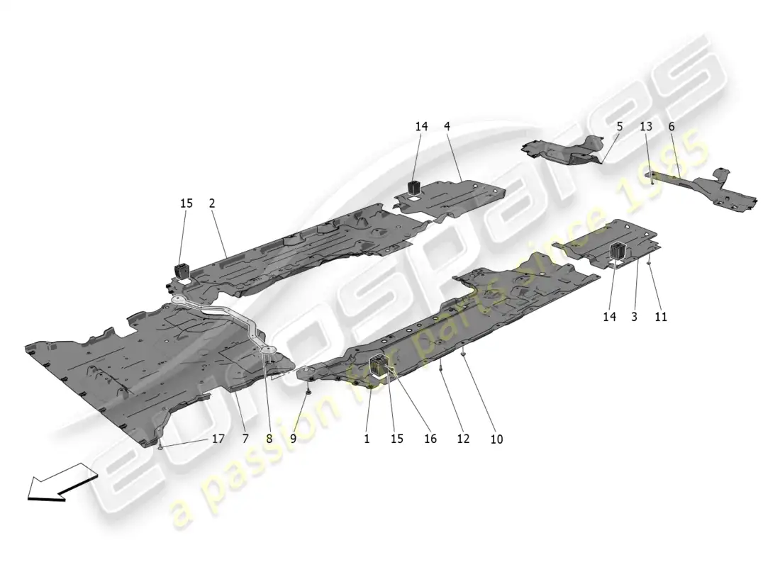 maserati grecale gt (2023) protección de bajos y bajos del suelo diagrama de piezas