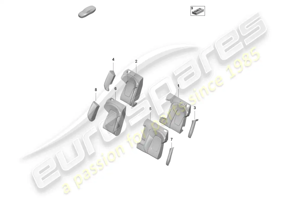 porsche 2020 (taycan 9j1-1) sección de espuma para el lado de apoyo del asiento. funda de respaldo para asiento deportivo para modelos con ventilación del asiento diagrama de piezas