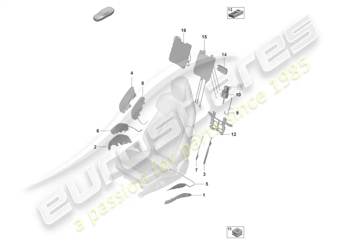 porsche 2020 (taycan 9j1-1) componentes neumáticos para asientos para vehículos con ajuste eléctrico del asiento 14-way para modelos con asientos ajustables eléctricamente 18-way diagrama de piezas