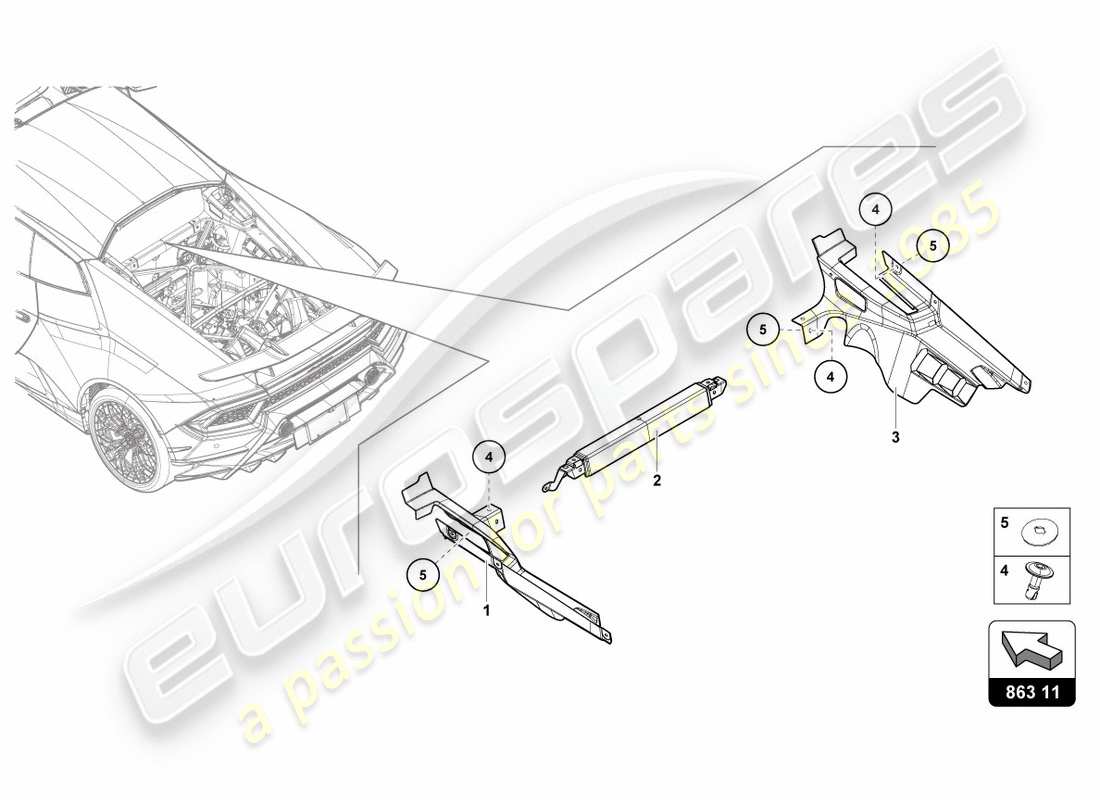 lamborghini performante coupe (2018) diagrama de piezas de la cubierta del motor