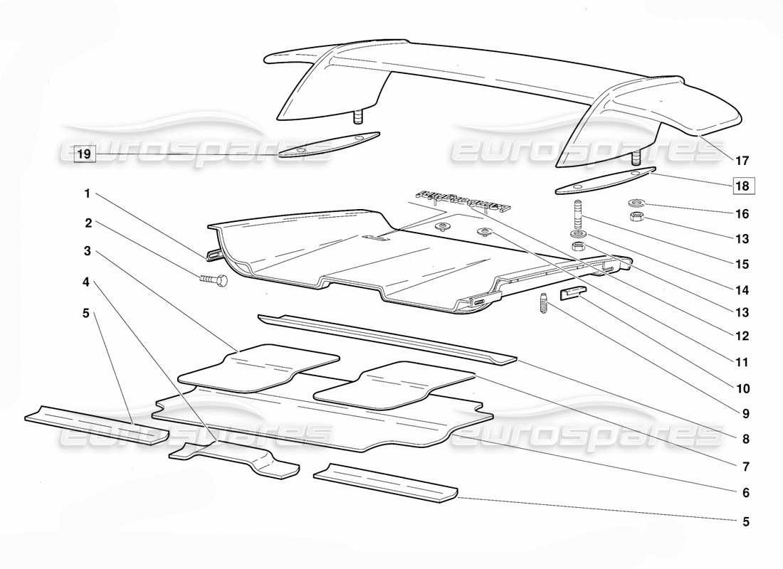 lamborghini diablo (1991) diagrama de piezas del capó y alerón trasero (válido para la versión 1992 de junio)