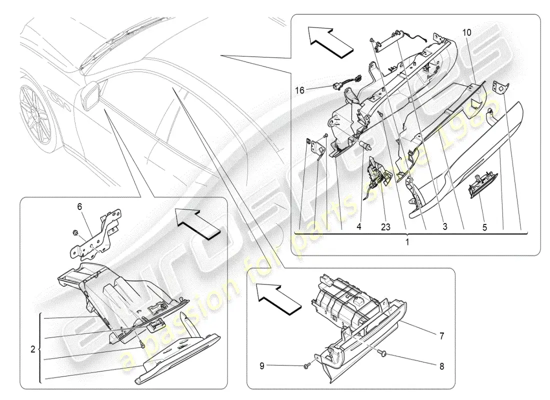 maserati ghibli (2019) diagrama de piezas de las guanteras