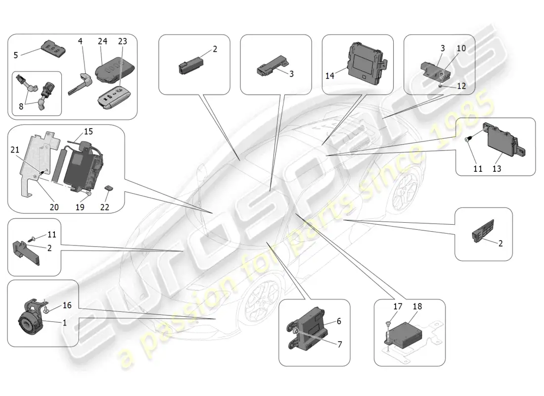 maserati mc20 (2023) sistema de alarma e inmovilizador diagrama de piezas