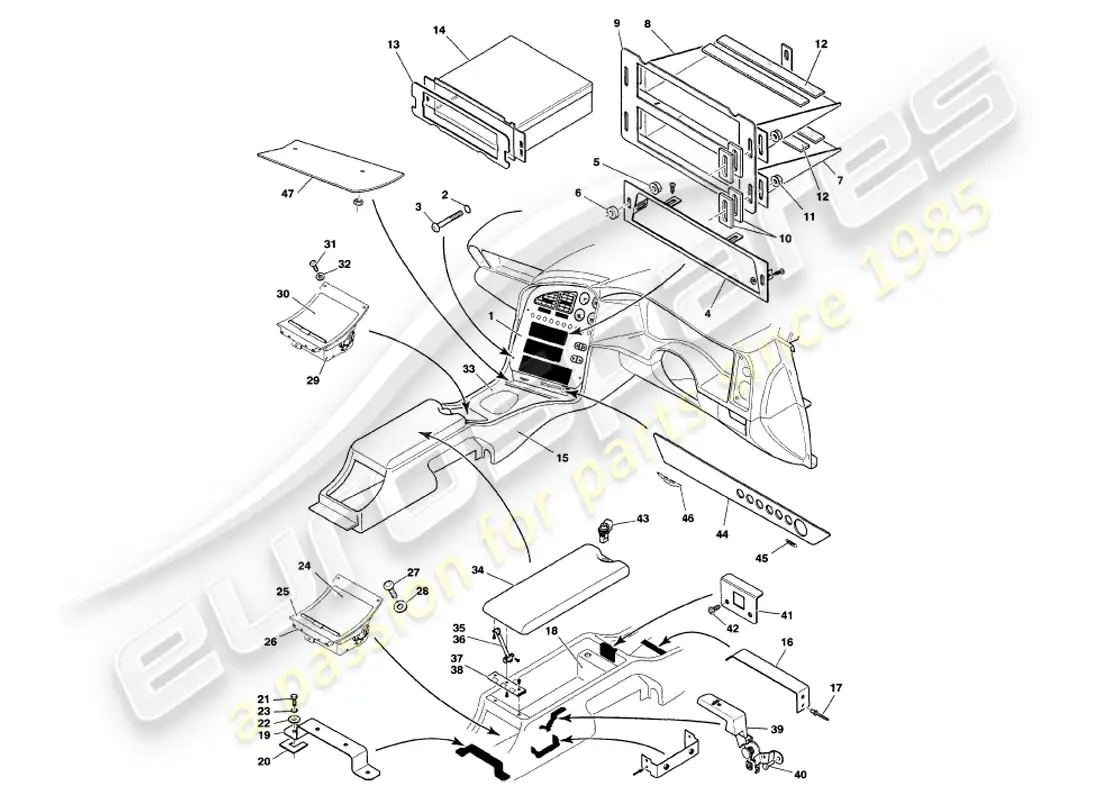 aston martin v8 volante (2000) consola central y molduras diagrama de piezas