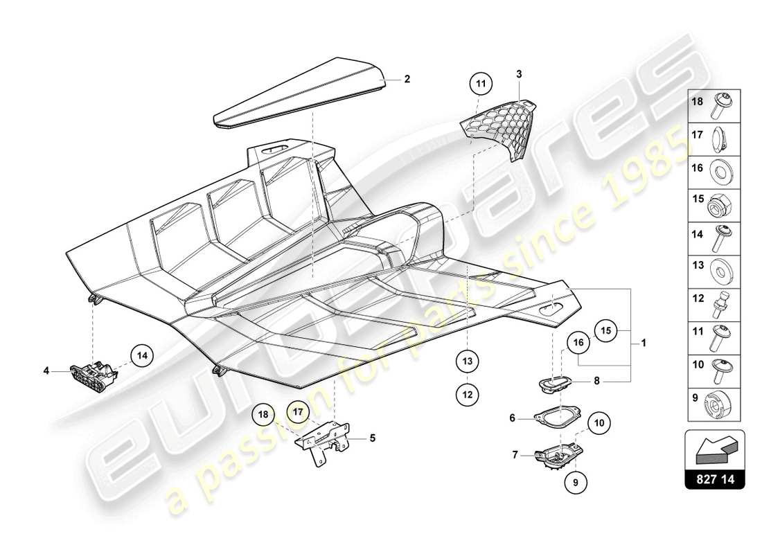 lamborghini 2020 (lp770-4 svj coupe) cubierta del motor con insp. diagrama de piezas de la cubierta