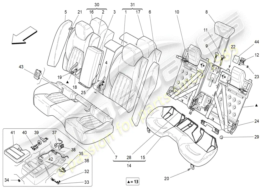 maserati ghibli (2019) asientos traseros: diagrama de piezas de los paneles decorativos