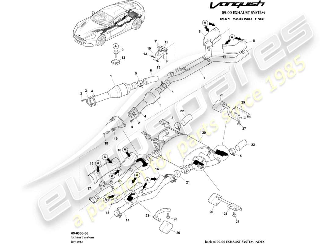 aston martin vanquish (2016) sistema de escape diagrama de piezas