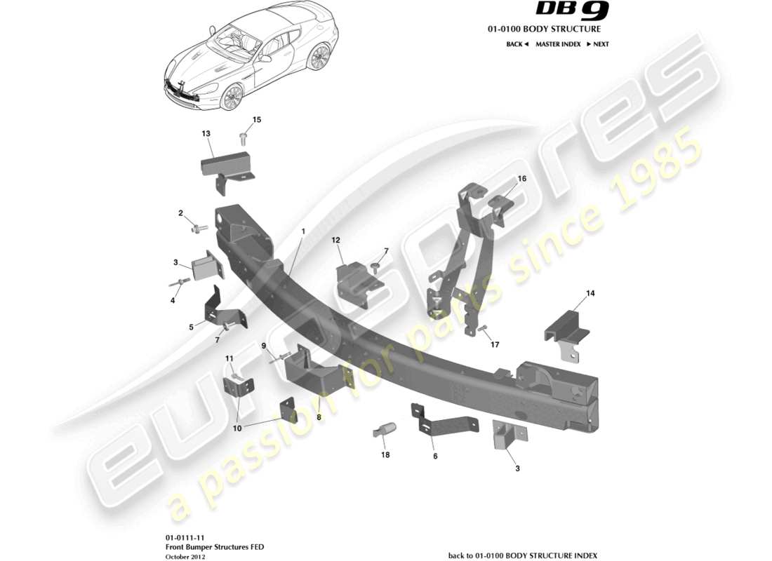 aston martin db9 (2017) estructura del parachoques delantero, federal diagrama de piezas