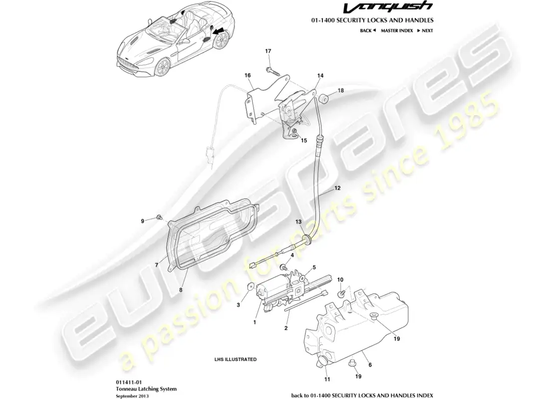 aston martin vanquish (2017) pestillos de lona diagrama de piezas