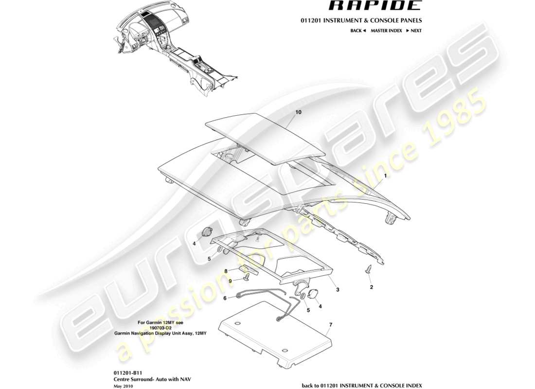 aston martin rapide (2018) diagrama de piezas del panel de adorno de la pila central