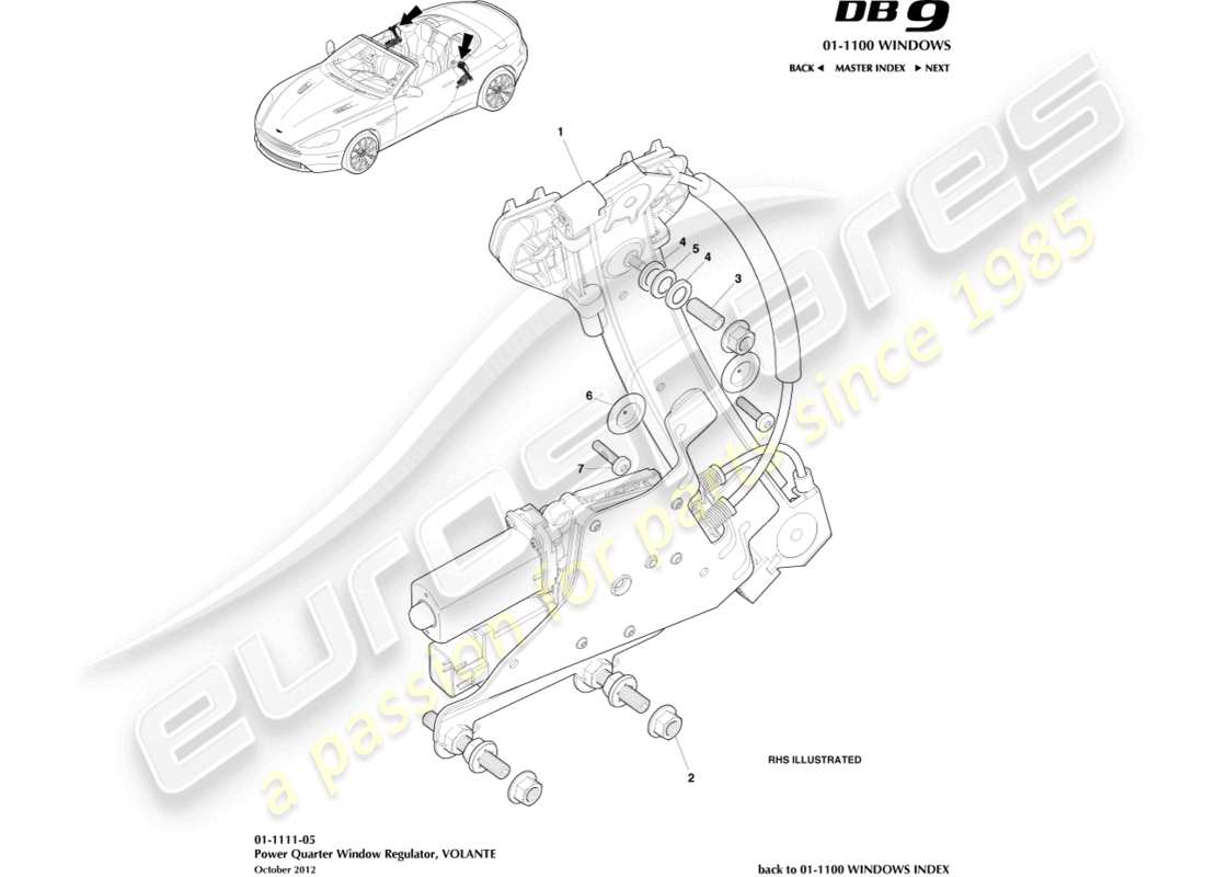 aston martin db9 (2015) regulador de ventana del cuarto trasero, diagrama de piezas volante