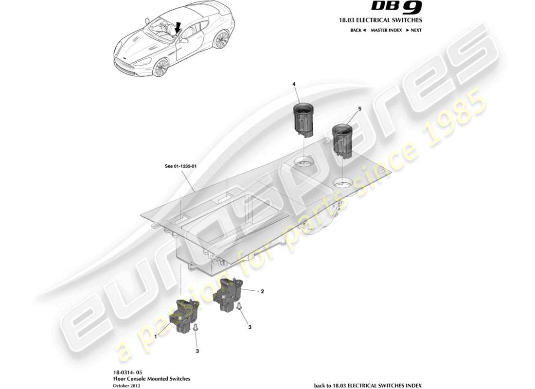 aston martin db9 (2015) diagrama de piezas de los interruptores de consola de piso