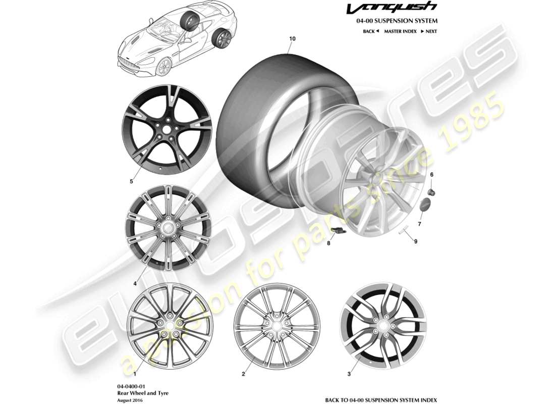 aston martin vanquish (2016) ruedas y neumáticos traseros diagrama de piezas