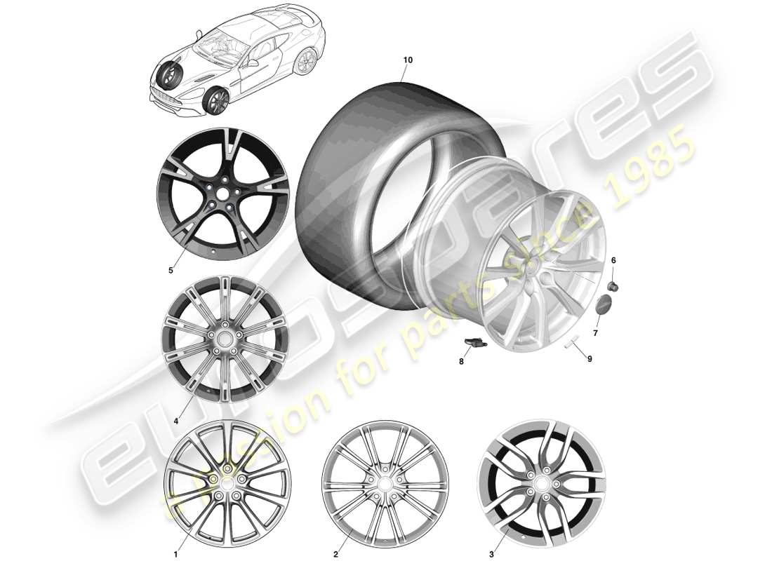 aston martin vanquish (2013) ruedas y neumáticos delanteros diagrama de piezas