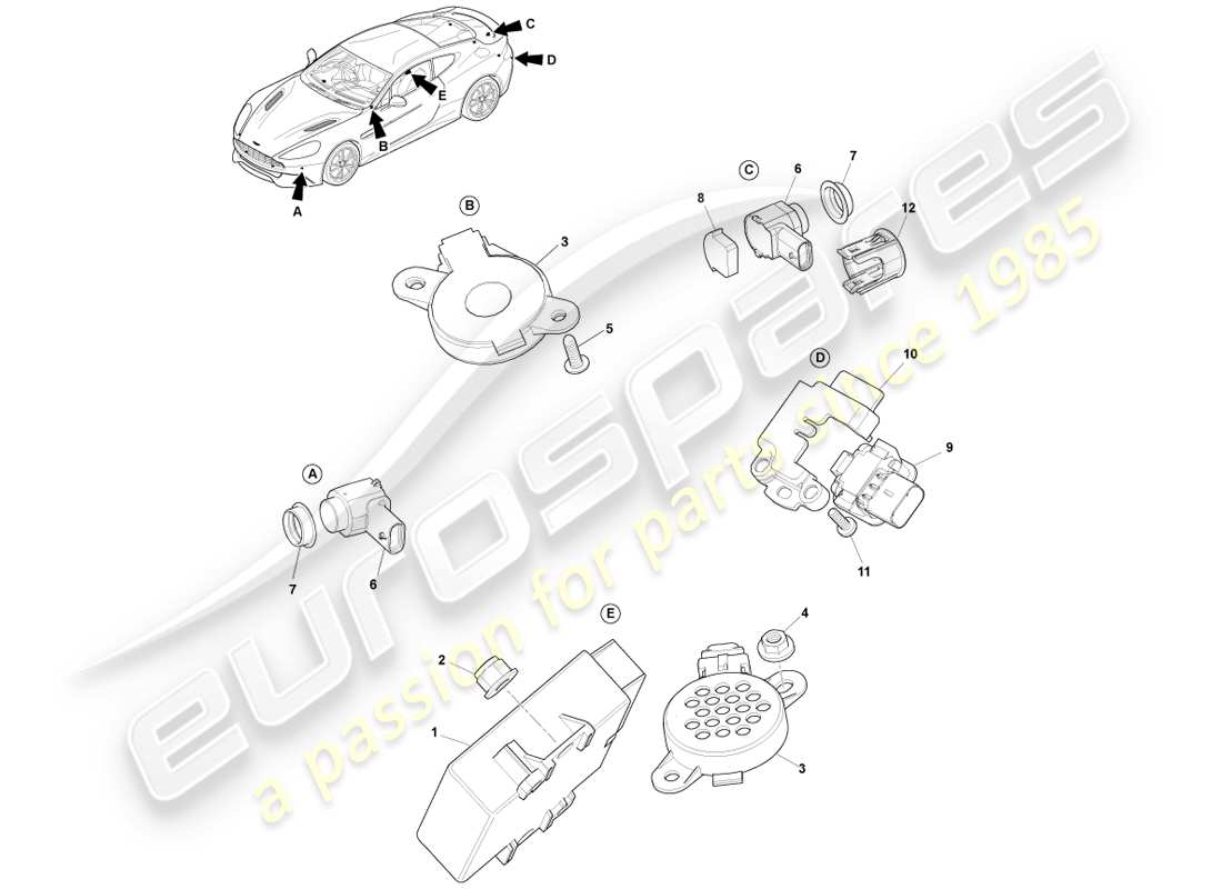 aston martin vanquish (2014) diagrama de piezas de ayuda de estacionamiento