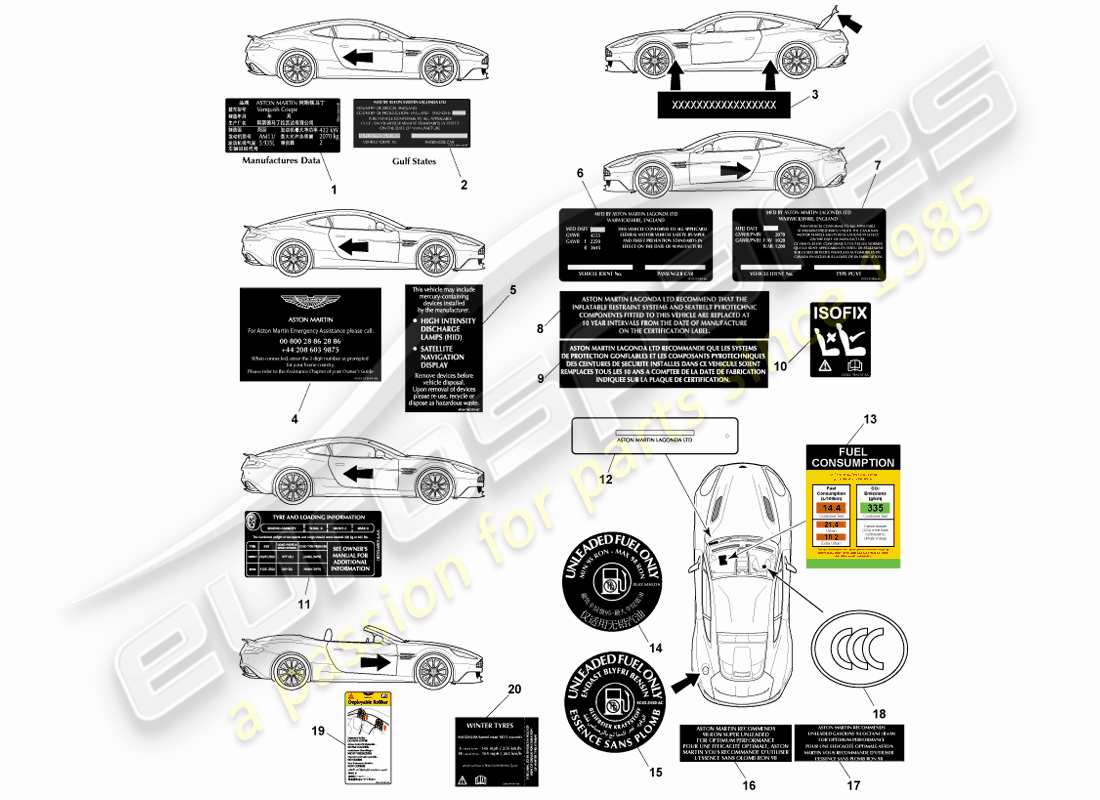 aston martin vanquish (2014) etiquetas exteriores diagrama de piezas