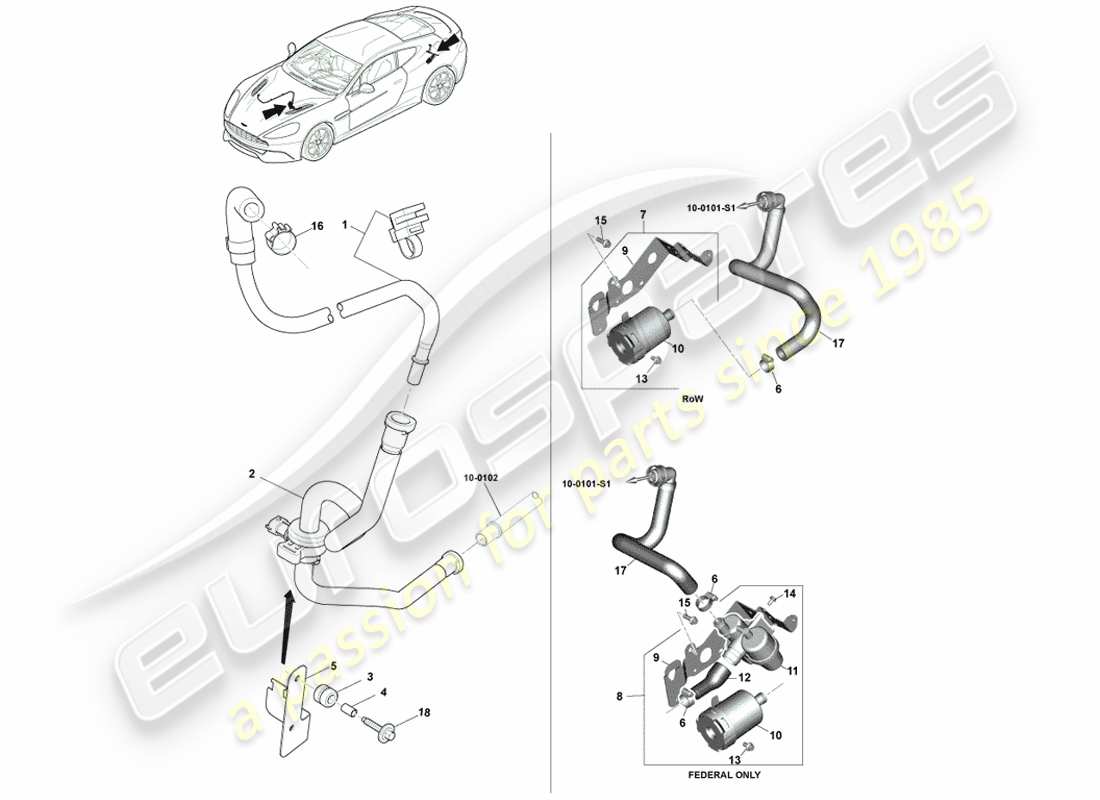 aston martin vanquish (2014) emisiones evaporativas, 15my diagrama de piezas