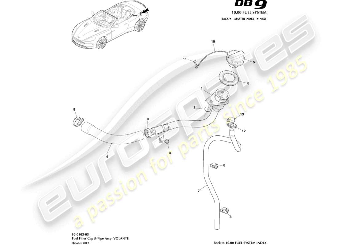 aston martin db9 (2015) conjunto de llenado de combustible, diagrama de piezas de volante